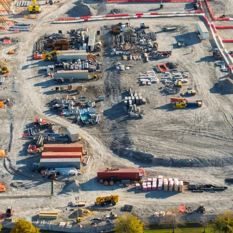 Aerial view of large industrial construction site developing